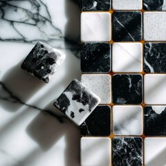 Black and white marble chessboard tile pattern in top-down natural lighting setup
