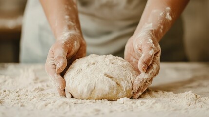 Fototapeta premium Hands gently breaking apart a freshly baked loaf of homemade bread the dough s soft texture and golden crust revealing the care and craftsmanship of the baking process A comforting