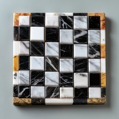 Compact black and white marble chessboard with golden frame detail