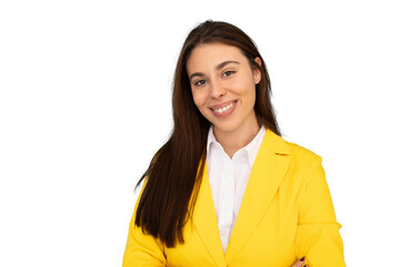 Professional businesswoman standing confidently, arms crossed, radiating success against clean transparent backdrop