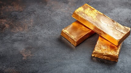 This striking image features shiny gold bars resting on a dark surface, representing luxury and wealth with rich textures and dramatic lighting for a captivating visual effect.