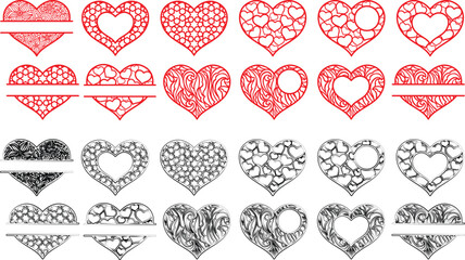 Love hearts icon. Abstract red loving heart symbols for valentines day, outline lovely red heart elements and love silhouette icons isolated set. Romance linear and filled symbol bundle. heart icon
