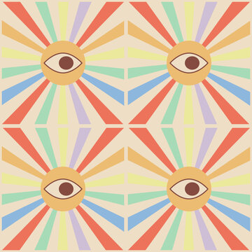A bright abstract seamless pattern in the style of sun rays with an eye and rainbow rays.