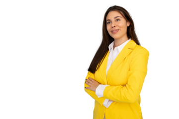 Young businesswoman wearing yellow jacket and white shirt, smiling and looking away with folded arms, isolated on transparent background