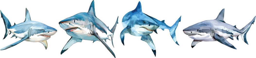 Obraz premium Shark Vector Illustration Set, Isolated on White Background.