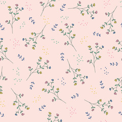 Sweet seamless pattern of tiny pastel flowers on a soft pink background with subtle straight lines. Created from vector artwork, this cute floral design is perfect for fabric, wallpapers, wrapping pap