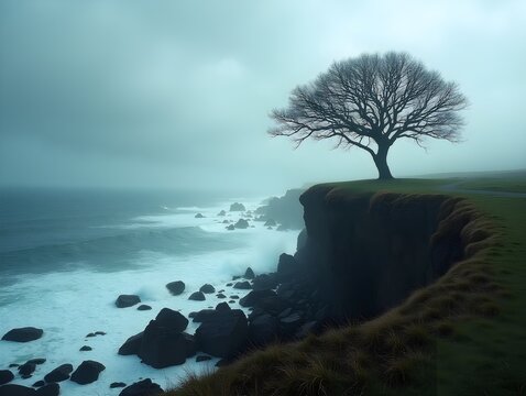 Lonely tree standing on a cliff overlooking stormy sea..