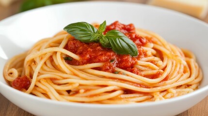 Homemade Italian pasta dish with a rich tomato sauce fresh basil leaves and a simple rustic presentation in a white ceramic bowl against a plain background