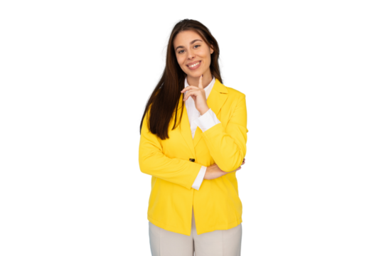 Professional businesswoman in yellow blazer and white shirt, touching chin thoughtfully, smiling confidently during studio headshot against transparent backdrop
