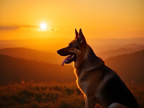 German Shepherd Dog Sunset Landscape