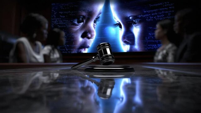 A dramatic discussion unfolds in a dimly lit courtroom, focusing on the ethical implications of artificial intelligence affecting legal outcomes and social justice