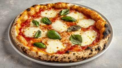 Closeup of a freshly baked hot and delicious pizza with melted cheese tomato sauce and aromatic basil leaves on a neutral grey and white background
