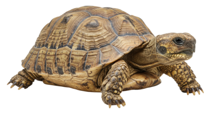 A close-up of a tortoise moving across a neutral background, showcasing its detailed shell and natural behavior