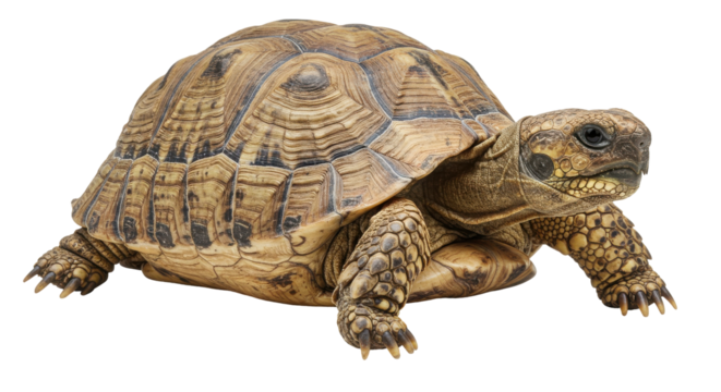 A close-up of a tortoise moving across a neutral background, showcasing its detailed shell and natural behavior
