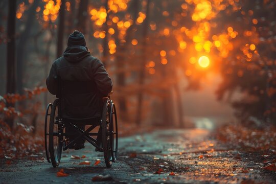 A serene view of an individual in a wheelchair, gazing at a vibrant sunset surrounded by trees, capturing a moment of peace and reflection amidst autumn foliage.