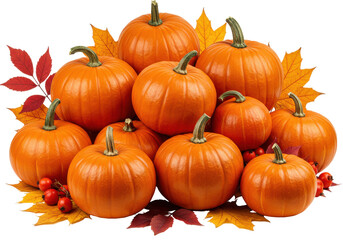 Obraz premium A vibrant display of pumpkins surrounded by colorful autumn leaves, ideal for seasonal decor