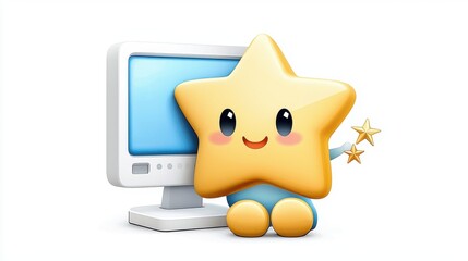 Fototapeta premium A cute, smiling star character sits next to a computer, exuding a friendly and cheerful vibe with a playful touch of magic.