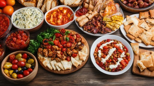 A vibrant and tempting display of a variety of colorful Spanish tapas deliciously arranged on a rustic wooden table