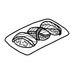 Spoiled sushi on a plate. Hand drawn doodle vector. Traditional Asian food. Rice with tuna, salmon, eel, shrimp. Restaurant menu. Illustration line art element.