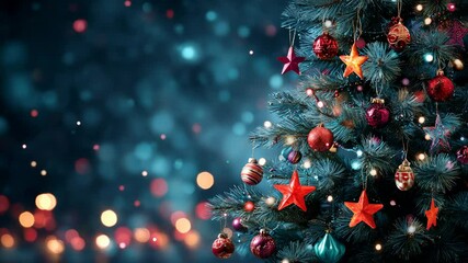 Decorated Christmas tree with red ornaments and glowing lights on festive bokeh background in winter night - Powered by Adobe