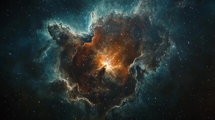 Cosmic nebula with bright stars and clouds of gas. Background for scientific articles and educational materials.