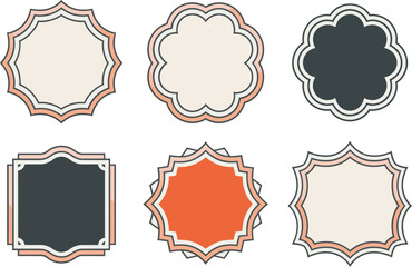 Shaped label templates. Round, flower, and pointed badge styles with orange standout and white-line options  