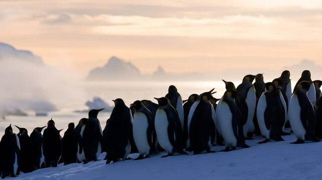 Gentoo penguin colony in the South Pole, Antarctic Peninsula. A large group of wild animals resting on a snowy hill, cold sea and mountains in the background. 4k video