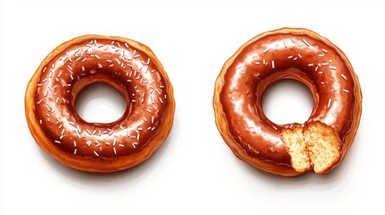 Two doughnuts with chocolate glaze and sprinkles, one with a bite taken out of it. Useful for advertising confectionery and cooking blogs.