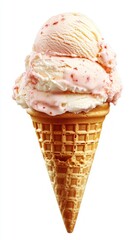 Delicious ice cream in a waffle cup with white and pink color. Suitable for advertising desserts and summer treats.