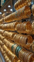 A gold jewelry with precious stones. For advertising jewelry and fashion accessories.