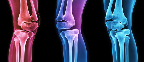 Three color x-ray images of the knee showing the anatomy of the joint. Useful for medical presentations and educational materials.