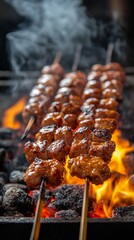 Grilled kebabs, juicy and appetizing, cooked over an open fire. Useful for articles about cooking, barbecue and summer recipes.