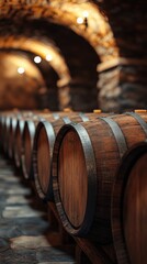 Rows of wooden barrels in the cellar with soft lighting. Wineries, restaurants, historical reconstructions.