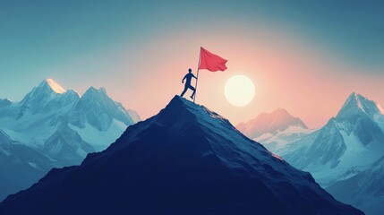 Man on top of mountain with red flag on sunset background. Suitable for motivational posts and articles about traveling.