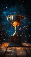 Gold bowl with sequins on a dark background, creating an atmosphere of celebration and victory. Useful for promotional materials, event websites and in blogs about celebrations.