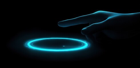 Glowing Hand Touching Virtual Circle In Dark Background
