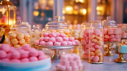 Beautifully Crafted Dessert Table with an Assortment of Delectable Sweets Pastries and Confections Arranged in a Soft Elegant Lighting Display  A Tempting Spread for a Celebratory Event Party