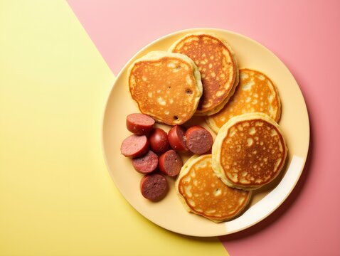 Top View Of Breakfast Platter With Pancakes And Sausage On Vibrant Background With Copy Space, Food Photography