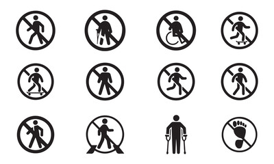 Collection of black and white no entry signs prohibiting various forms of pedestrian movement vector art on white