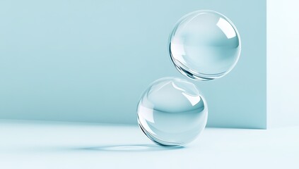 Floating Transparent Glass Spheres On Light Blue Background