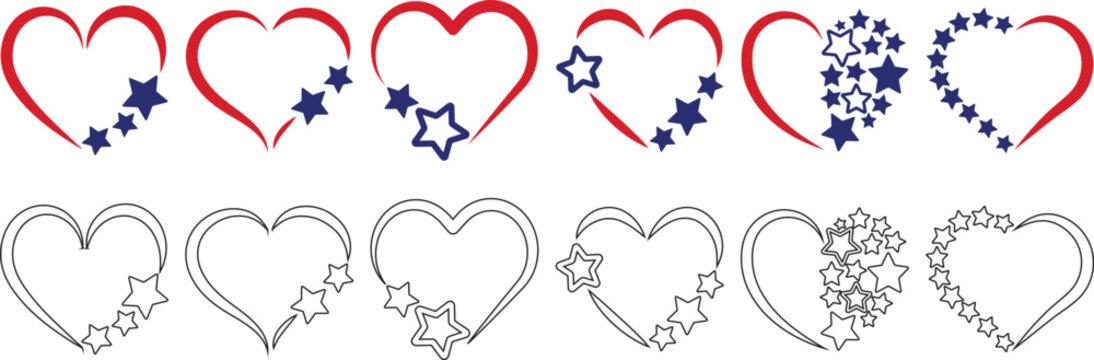 Fototapeta Set of open hearts. Romantic elements. Hearts outline. Bundle of Hearts with inscriptions 