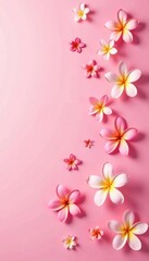 Scattered pink frangipani flowers creating depth on a pale pink surface , summer, aesthetic