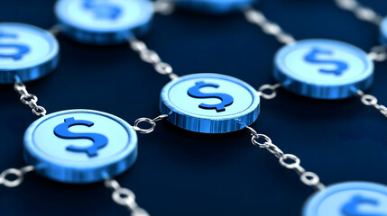 Blue Metal Dollar Coins Connected by a Chain on Dark Background