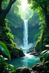 Lush green jungle, cascading waterfall Tropical paradise backdrop , nature, illustration, backgrounds