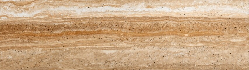 Travertine stone panel with horizontal stratification in warm beige and ochre tones