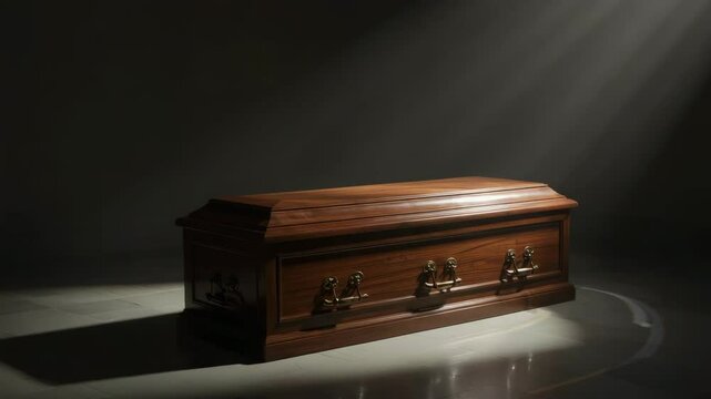 Wooden coffin under soft spotlight in dark room	