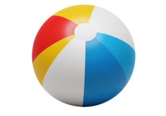 A vibrant beach ball resting on a sandy shore, with ocean waves splashing in the background