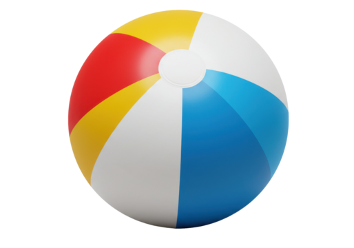 A vibrant beach ball resting on a sandy shore, with ocean waves splashing in the background