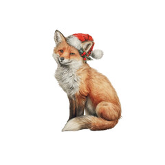 Cute fox wearing Christmas hat and festive decorations sitting against a plain background during the holiday season