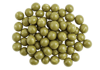 Close-up of glossy green peas arranged in a pile on a white background